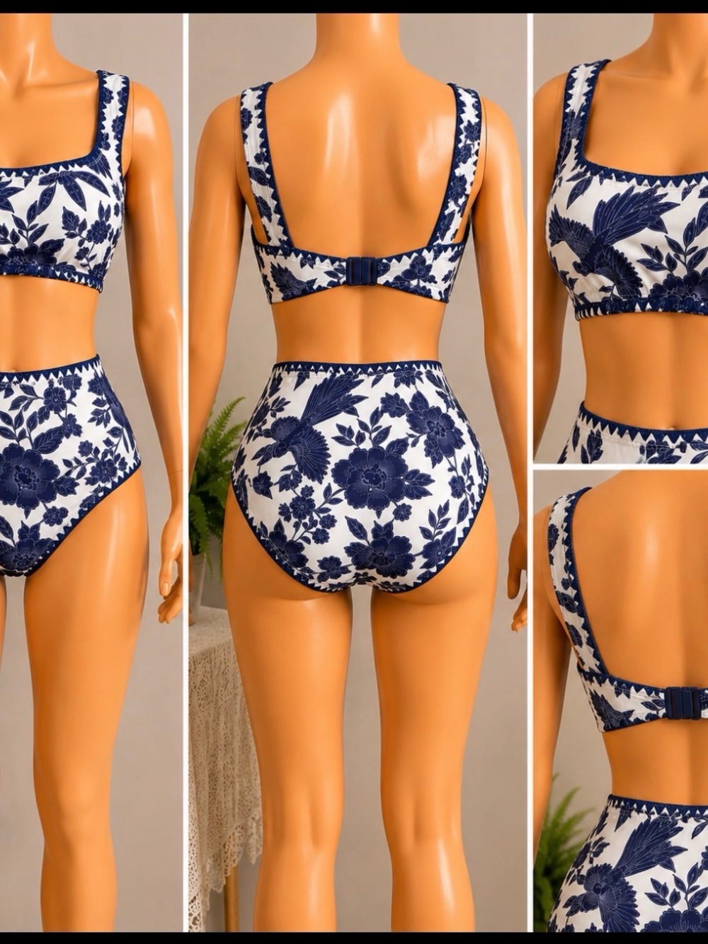 Cupshe Navy and White Floral High-Waist Bikini Set